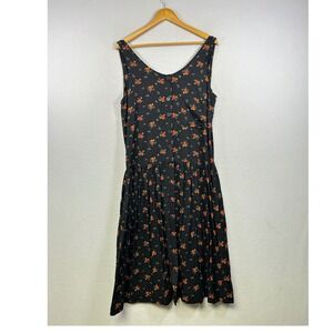 Karavan Floral Midi Dress Womens Small Black Button Front Sleeveless V-Neck 90s